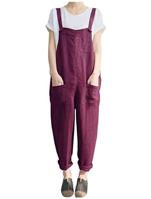 Yeokou Women's Loose Baggy Linen Cotton Summer Overalls Jumpsuits Harem Pants