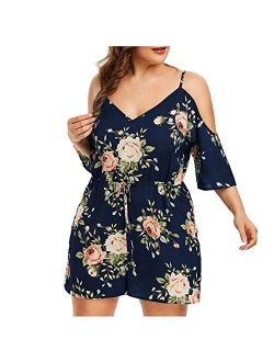 Women Summer Beach Short Jumpsuits BCDshop Floral Leaf Sleeveless Plus Size Rompers