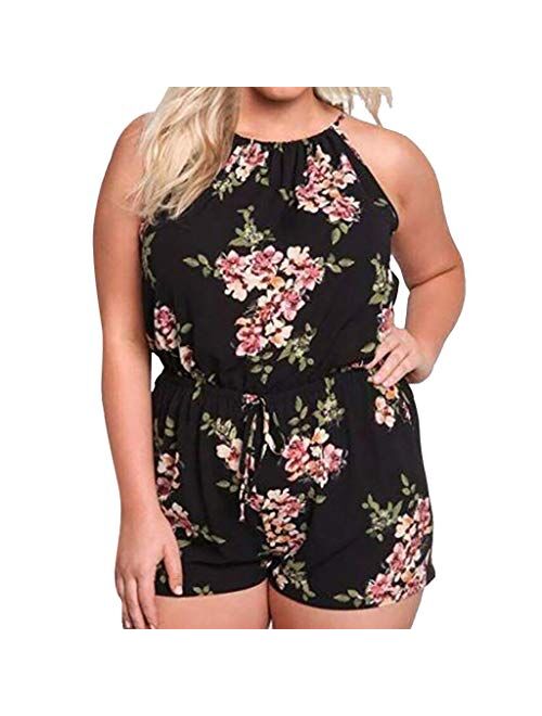 Women Summer Beach Short Jumpsuits BCDshop Floral Leaf Sleeveless Plus Size Rompers