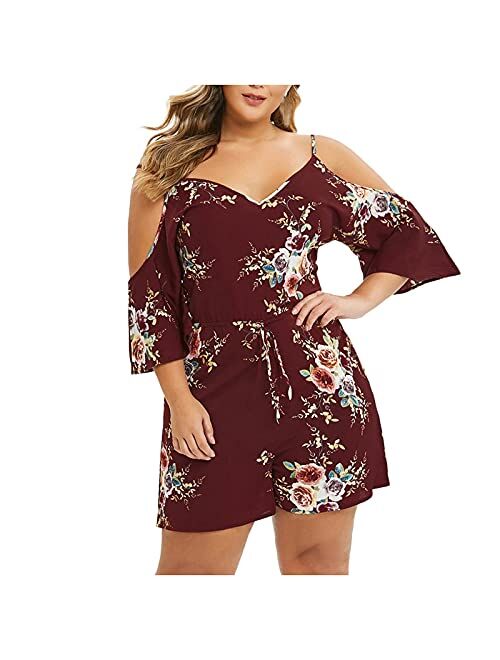 Women Summer Beach Short Jumpsuits BCDshop Floral Leaf Sleeveless Plus Size Rompers