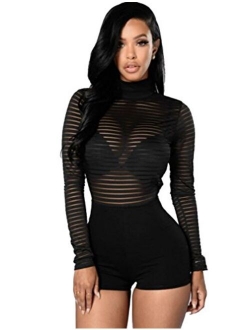 Biz Simple Womens Mock Neck Long Sleeve Mesh Short See Through Jumpsuit Romper