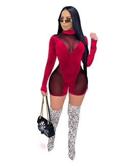 Biz Simple Womens Mock Neck Long Sleeve Mesh Short See Through Jumpsuit Romper