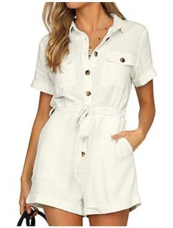 GRAPENT Women's Summer Short Sleeves Button Down Pocket Belted Jumpsuits Rompers