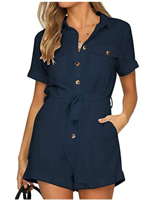 GRAPENT Women's Summer Short Sleeves Button Down Pocket Belted Jumpsuits Rompers