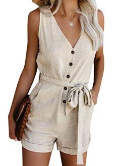 Lovezesent Womens V Neck Button Down Tank Romper Short Pant Jumpsuit with Pocket