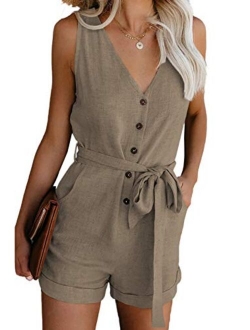 Lovezesent Womens V Neck Button Down Tank Romper Short Pant Jumpsuit with Pocket