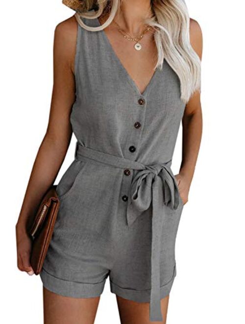 Lovezesent Womens V Neck Button Down Tank Romper Short Pant Jumpsuit with Pocket