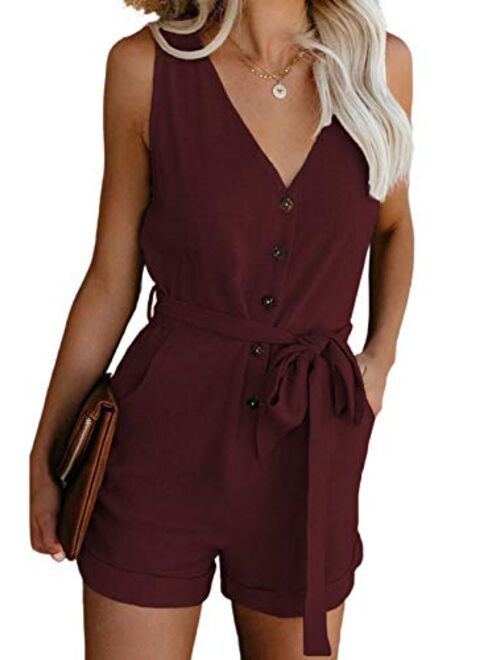 Lovezesent Womens V Neck Button Down Tank Romper Short Pant Jumpsuit with Pocket