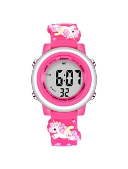 Jianxiang Kids Unicorn Digital Sport Watches for Girls Boys, Waterproof Outdoor LED Timer with 7 Colors Backlight 3D Cartoon Silicone Band Child Wristwatch