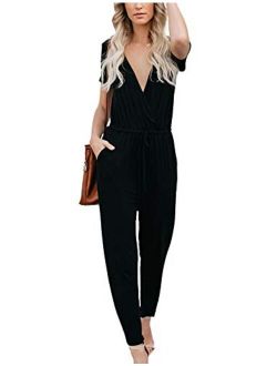 Relipop Women's Romper Wrap V Neck Short Sleeve Elastic High Waist Tie Solid Color Casual Jumpsuits