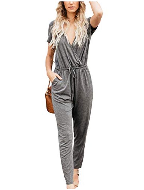 Relipop Women's Romper Wrap V Neck Short Sleeve Elastic High Waist Tie Solid Color Casual Jumpsuits