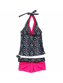 FEESHOW Kids Girls 2 Piece Tankini Swimsuit Bathing Suit Halter Top with Boyshort Swimwear Set