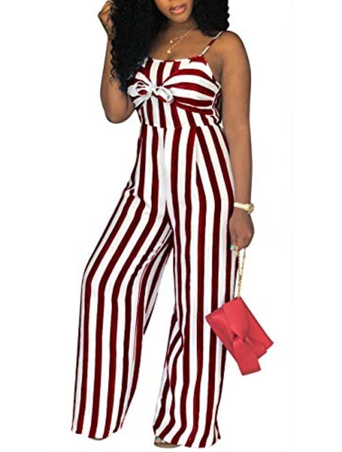 PerZeal Women's Sexy Spaghetti Strap Stripe Jumpsuits Casual Wide Leg Long Pants Rompers Sleeveless Ladies Outfits