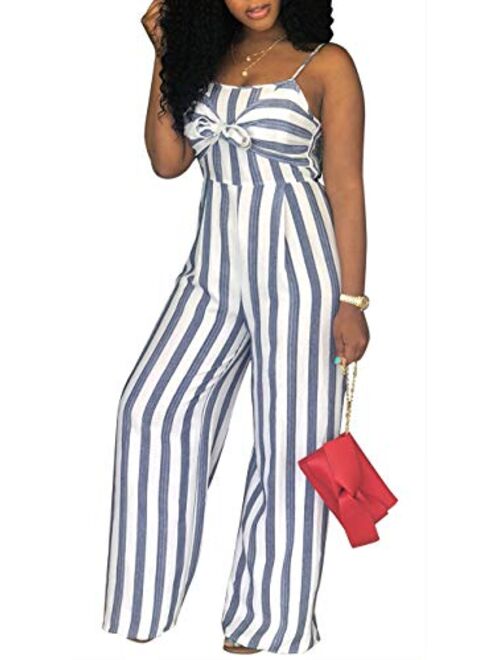 PerZeal Women's Sexy Spaghetti Strap Stripe Jumpsuits Casual Wide Leg Long Pants Rompers Sleeveless Ladies Outfits