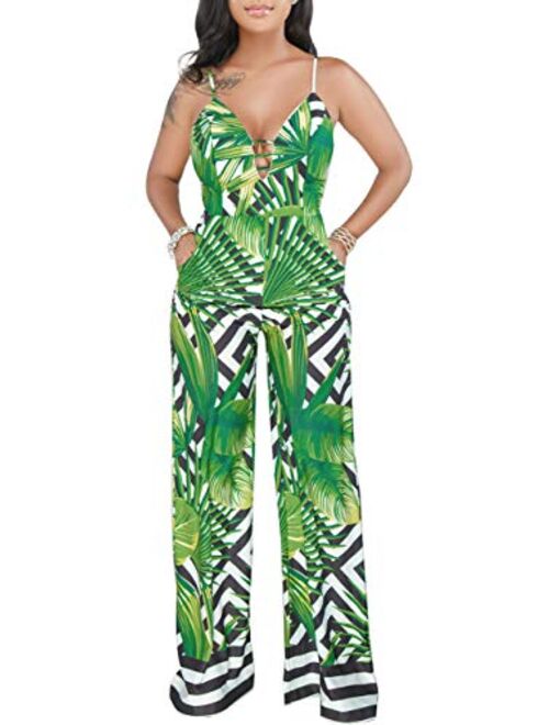 PerZeal Women's Sexy Spaghetti Strap Stripe Jumpsuits Casual Wide Leg Long Pants Rompers Sleeveless Ladies Outfits