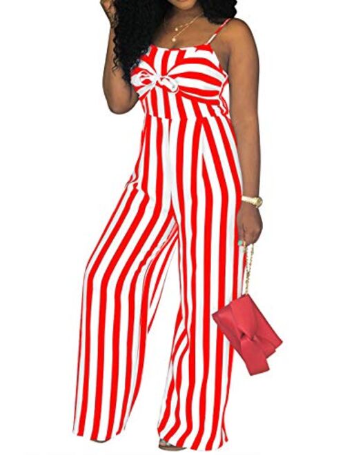 PerZeal Women's Sexy Spaghetti Strap Stripe Jumpsuits Casual Wide Leg Long Pants Rompers Sleeveless Ladies Outfits