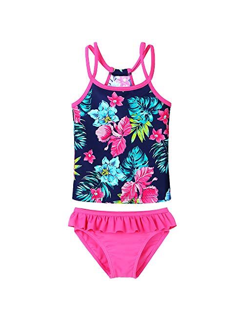 BAOHULU Little GirlsTankini Rash Guard Set Flower Lovely Straps Bikini Swimsuit