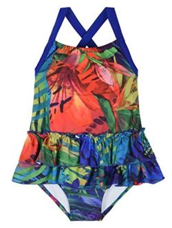 Cadocado Girls Halter One Piece Swimsuit Ruffle Racer Back Bathing Suit Beach Sport