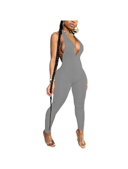 LuFeng Women's Sexy Bodycon Halter Deep V Neck Backless Party Long Jumpsuits Romper