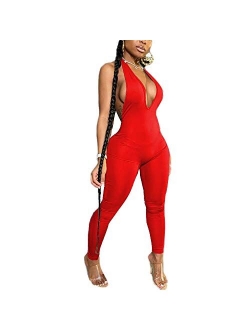 LuFeng Women's Sexy Bodycon Halter Deep V Neck Backless Party Long Jumpsuits Romper