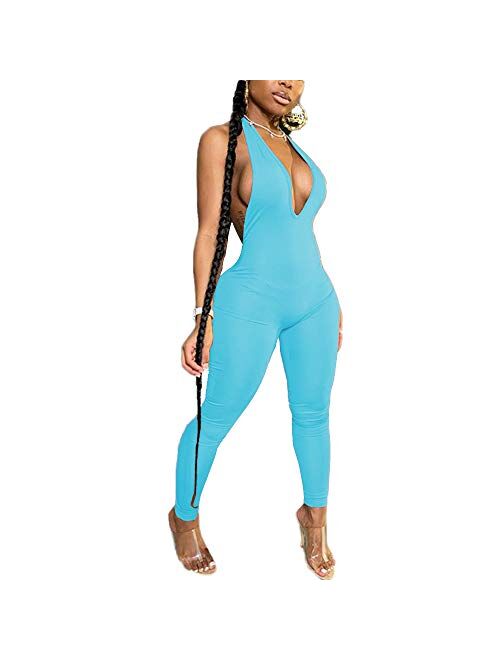 LuFeng Women's Sexy Bodycon Halter Deep V Neck Backless Party Long Jumpsuits Romper