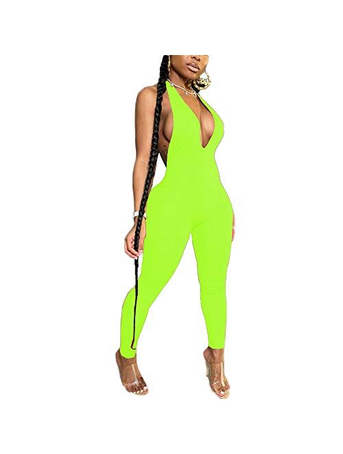 LuFeng Women's Sexy Bodycon Halter Deep V Neck Backless Party Long Jumpsuits Romper