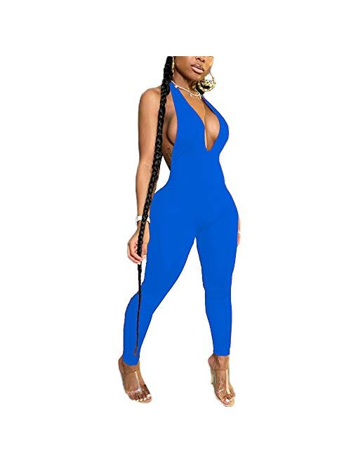 LuFeng Women's Sexy Bodycon Halter Deep V Neck Backless Party Long Jumpsuits Romper