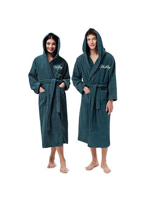 AW BRIDAL Terry Cloth Robe Hooded Bathrobes Turkish Cotton Towel Robe Lightweight with Embroidery for Men Women