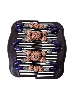 LOVEF Women Magic Hair Combs Wood Beaded Stretch Double Side Combs Clips Bun Maker Hair Accessories (Coffee)