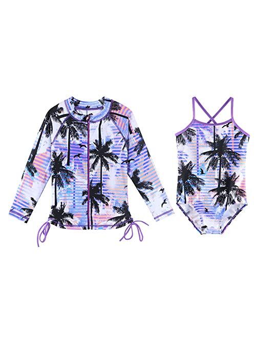 TFJH E Girls Long Sleeve Swim Shirt Rashguard Bathing Suit 2-Pieces Swimwear UV 50+ Zipper