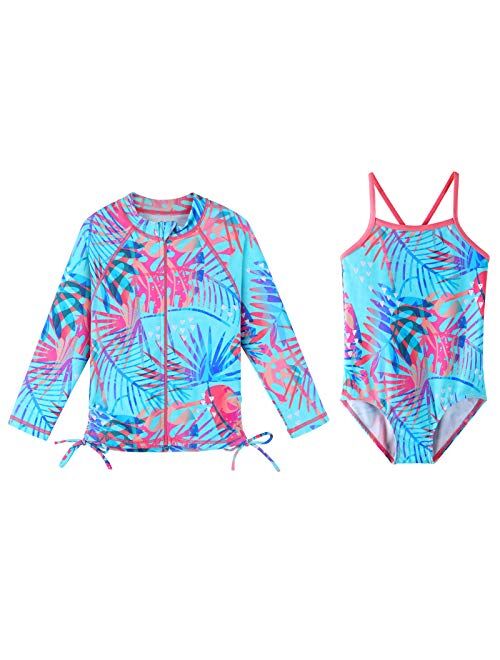 TFJH E Girls Long Sleeve Swim Shirt Rashguard Bathing Suit 2-Pieces Swimwear UV 50+ Zipper