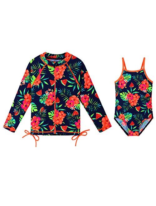 TFJH E Girls Long Sleeve Swim Shirt Rashguard Bathing Suit 2-Pieces Swimwear UV 50+ Zipper