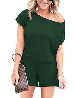 Women's Summer Casual Off Shoulder Short Sleeve Shorts Loose Jumpsuit Rompers with Pockets