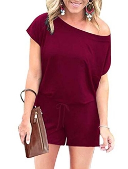 Women's Summer Casual Off Shoulder Short Sleeve Shorts Loose Jumpsuit Rompers with Pockets