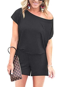 Women's Summer Casual Off Shoulder Short Sleeve Shorts Loose Jumpsuit Rompers with Pockets