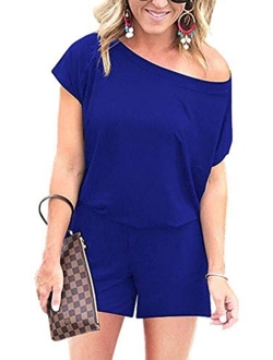 Women's Summer Casual Off Shoulder Short Sleeve Shorts Loose Jumpsuit Rompers with Pockets