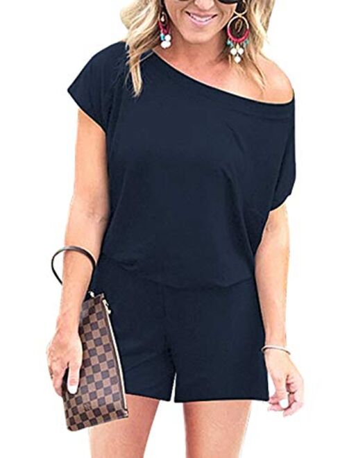 PRETTYGARDEN Women's Summer Casual Off Shoulder Short Sleeve Shorts Loose Jumpsuit Rompers with Pockets