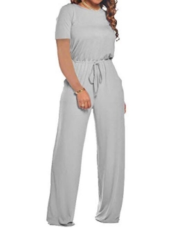 Women's Casual Long-Sleeve Loose Wide-Legs Jumpsuits - Drawstring Waist Romper Pajama with Pockets