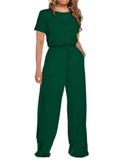 Women's Casual Long-Sleeve Loose Wide-Legs Jumpsuits - Drawstring Waist Romper Pajama with Pockets