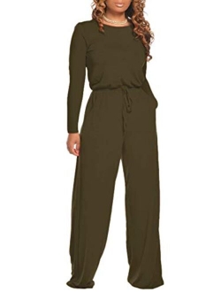 Women's Casual Long-Sleeve Loose Wide-Legs Jumpsuits - Drawstring Waist Romper Pajama with Pockets