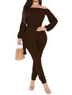 Women's Casual Long-Sleeve Loose Wide-Legs Jumpsuits - Drawstring Waist Romper Pajama with Pockets