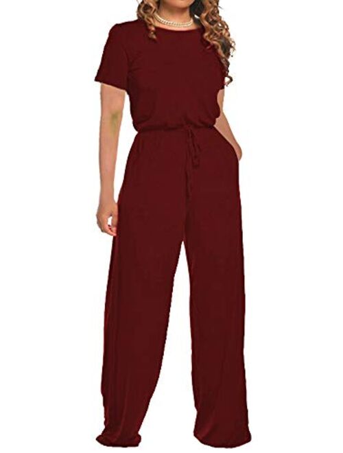 Women's Casual Long-Sleeve Loose Wide-Legs Jumpsuits - Drawstring Waist Romper Pajama with Pockets