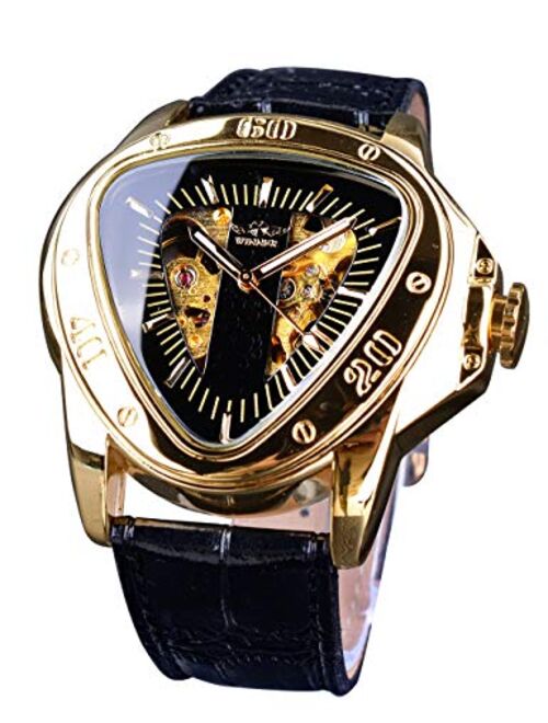 Winner Fashion Mechanical Wrist Watch Triangle Racing Dial Golden Skeleton Dial