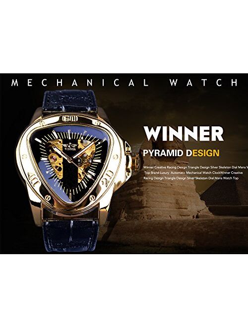 Winner Fashion Mechanical Wrist Watch Triangle Racing Dial Golden Skeleton Dial