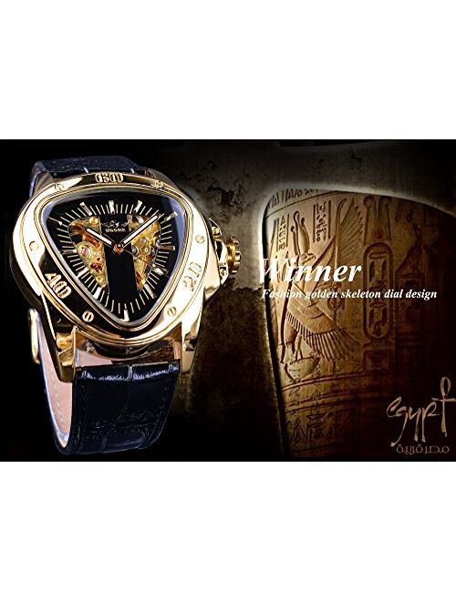 Winner Fashion Mechanical Wrist Watch Triangle Racing Dial Golden Skeleton Dial