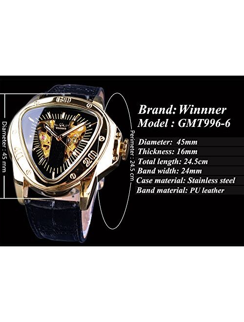 Winner Fashion Mechanical Wrist Watch Triangle Racing Dial Golden Skeleton Dial