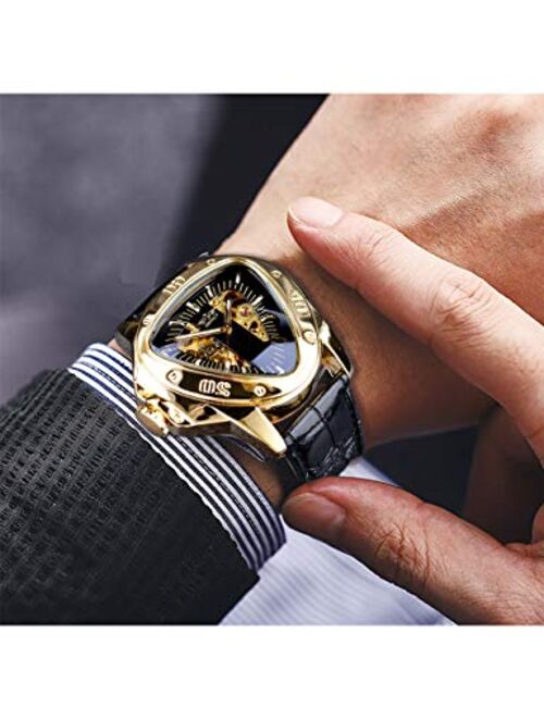 Winner Fashion Mechanical Wrist Watch Triangle Racing Dial Golden Skeleton Dial