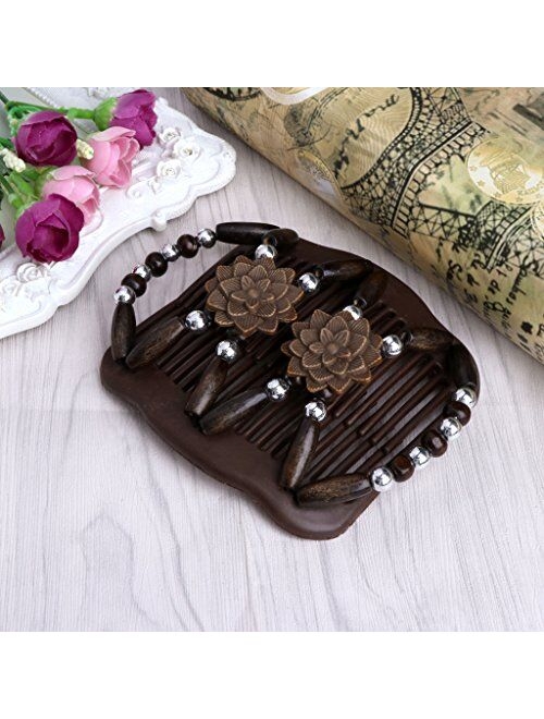 Susada Magic Wood Beads Double Hair Comb Clip Stretchy Women Hair Accessories(Coffee)