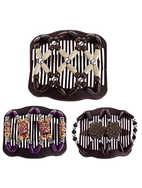 Susada Magic Wood Beads Double Hair Comb Clip Stretchy Women Hair Accessories(Coffee)