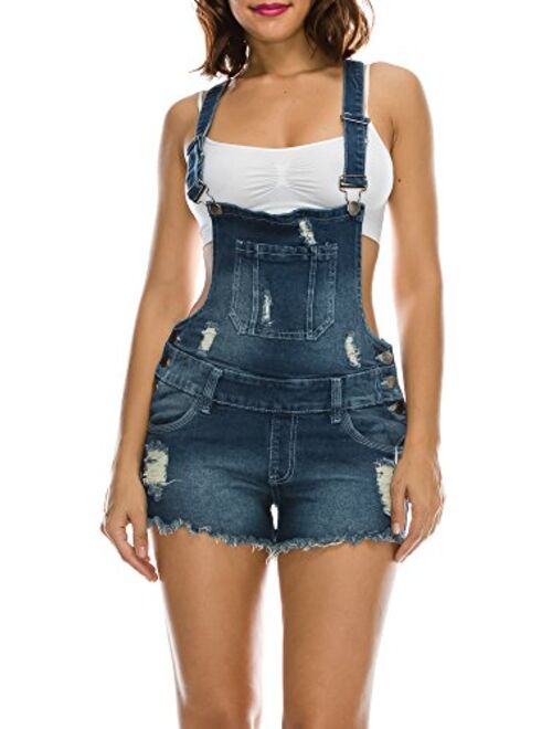 TwiinSisters Women's Ripped Strechy Slim Fit Curve Adjusting Denim Short Overalls Shortalls for Women